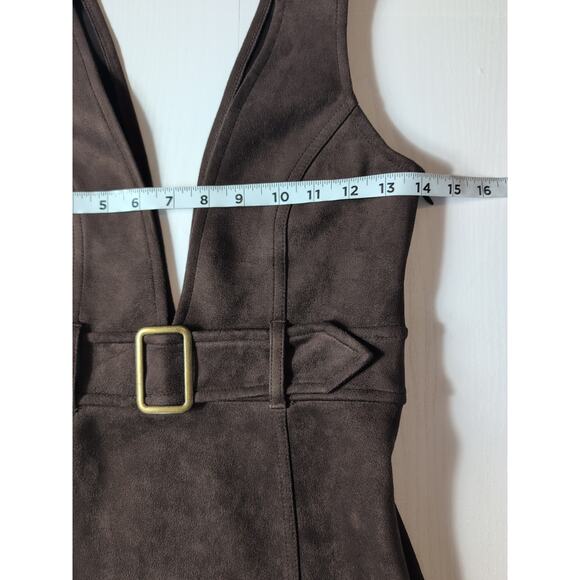 Forever 21 Brown Faux Suede Mini Dress S Belted Overall Y2K Retro Indie - Picture 7 of 15